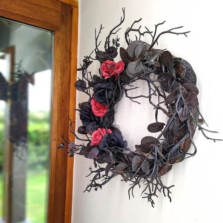 HmNPlay 16 Inch Black Halloween Wreath with 3 Red Roses - Handmade Artificial Twig Wreath for Gothic Front Door, Porch, Fireplace Decor - All Year Round Spooky Decorations & Holiday Gift