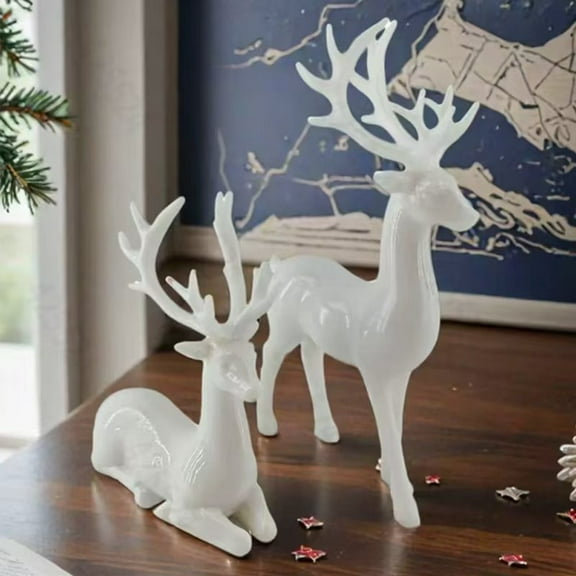 HmNPlay 2 Pcs Plastic Christmas Reindeer Figurines Set, 6.5-6.7” Standing & 4.3” Lying Deer Tabletop Home Decor Ornaments for Living Room Mantel, Festive Holiday Gift, Lightweight Durable Statues