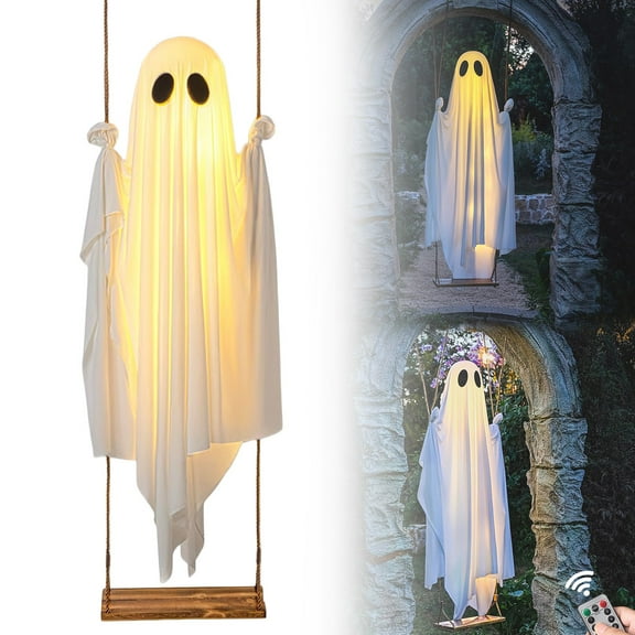 HmNPlay 5FT Large Hanging Ghost Halloween Decorations Outdoor with String Lights Timer Remote Cute Swinging Decor for Tree Porch Yard