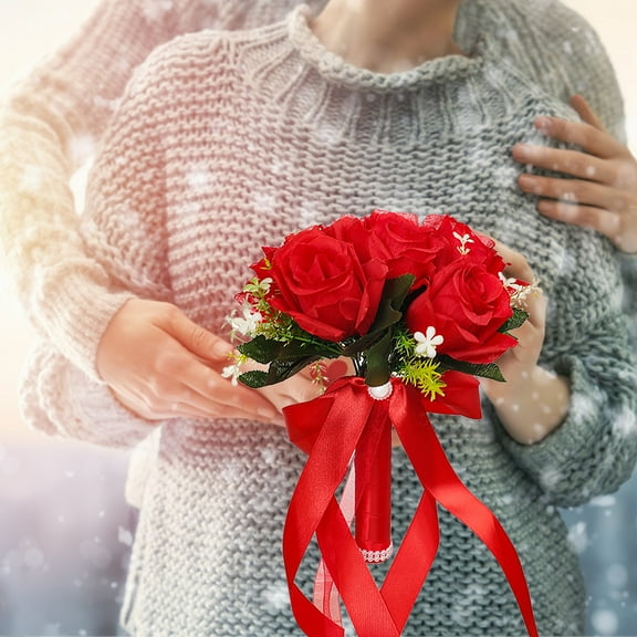 HmNPlay Artificial Rose Bouquet - Wedding Decor, Bride Bridesmaid Fake Flowers, Eternal Love Gift, Bridal Shower Decor, Satin Ribbon, Long-lasting Romantic Wedding Bouquets