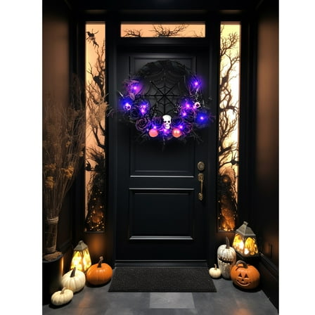 HmNPlay Black Maple Leaf Halloween Wreath with Eyeball Lights - Battery Operated LED Decor, Reusable Fall Wreath with Hanging Lanyard for Front Door, Party and Home Decoration Gift