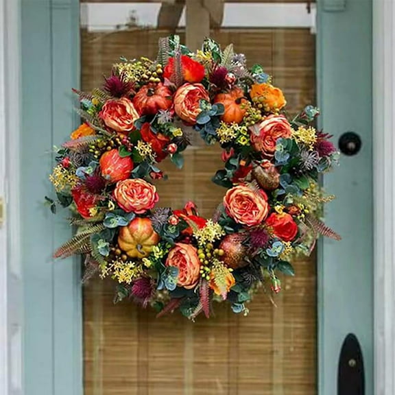 HmNPlay Burlap Pumpkin Wreath for Front Door, Farmhouse Fall Wreath with Bows and Berries, Rustic Autumn Harvest Decor for Halloween Thanksgiving