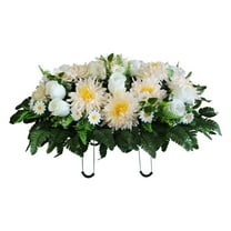 HmNPlay Cemetery Flowers Headstone Saddle with Vase, Beige Realistic Rose Memorial Flowers for Grave, All-Season Outdoor Artificial Silk Flowers, Adjustable Rustproof Frame