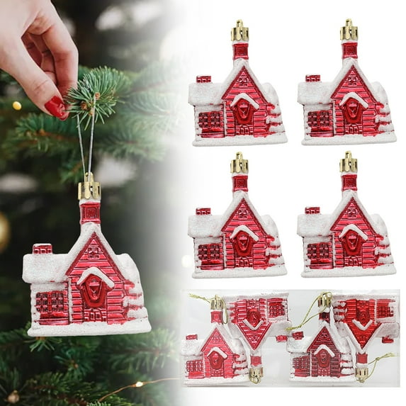 HmNPlay Christmas Village Houses Ornaments Set of 4 Plastic Hanging Decor for Xmas Tree Home Holiday Winter Decorations Family Gift