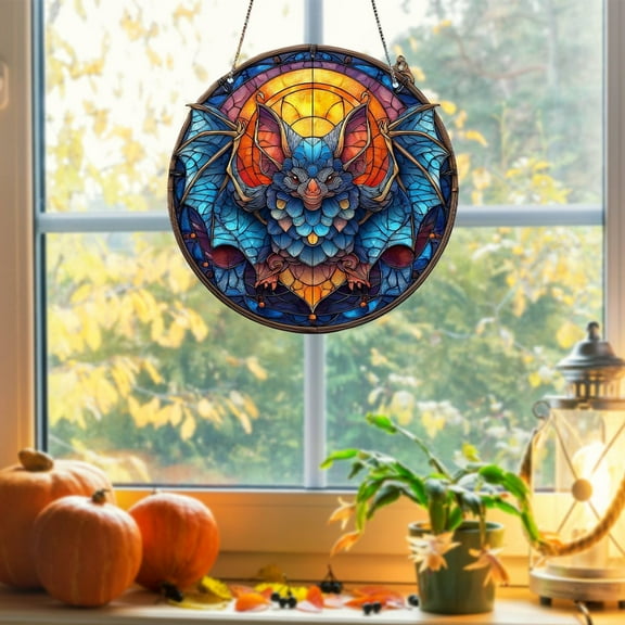 HmNPlay Colorful Acrylic Skeleton Hanging Ornament, Gothic Halloween Window Decor with Stained Glass Effect, Outdoor Indoor Wall Garden Decor for Halloween, Features Ghost and Black Cat Designs