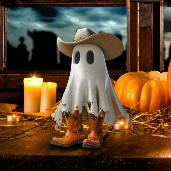 HmNPlay Cowboy Ghost Figurine Halloween Decor, Cute White Resin Statue for Tabletop, Whimsical Western Halloween Decoration for Home & Garden