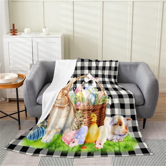 HmNPlay Easter Throw Blanket Soft Flannel Bunny & Eggs Cozy Holiday Fleece Throw for Couch Sofa Bed Spring Home Decor