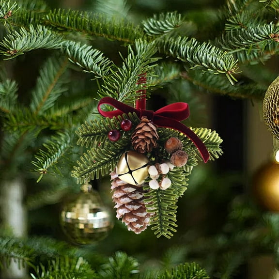 HmNPlay Elegant Winter Pinecone Bell Christmas Ornament, Champagne Glitter Rustic Holiday Tree Hanging Pendant (1 Pack)