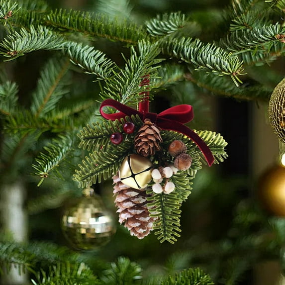 HmNPlay Elegant Winter Pinecone Bell Christmas Ornament, Champagne Glitter Rustic Holiday Tree Hanging Pendant (1 Pack)