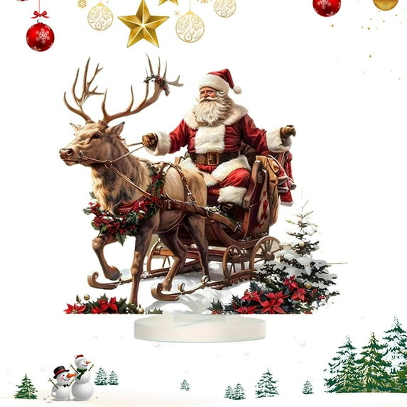 HmNPlay Flat Acrylic Christmas Santa Sled Decoration with Stable Base, Indoor Outdoor Festive Sign Art for Home Bedside Table Living Room Window, Full Color Print, 1 Count