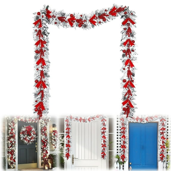 HmNPlay Flocked Artificial Christmas Wreath Garland 1.2M with Bow for Front Door Outdoor Indoor Xmas Holiday Home Decor Rattan Set