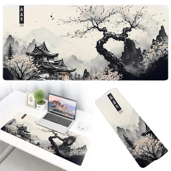 HmNPlay Gaming Mouse Pad Desk Mat Japanese Watercolor Cherry Blossom Art Non-Slip Rubber Base Waterproof Keyboard Pad for PC Laptop Office Home