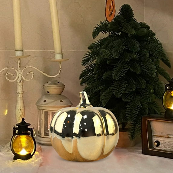 HmNPlay Gold Ceramic Pumpkin Statue 15cm - Artificial Halloween Thanksgiving Decor, Durable Resin Desktop Ornament with Heavy Sense, Reusable for Home Table Fall Decoration