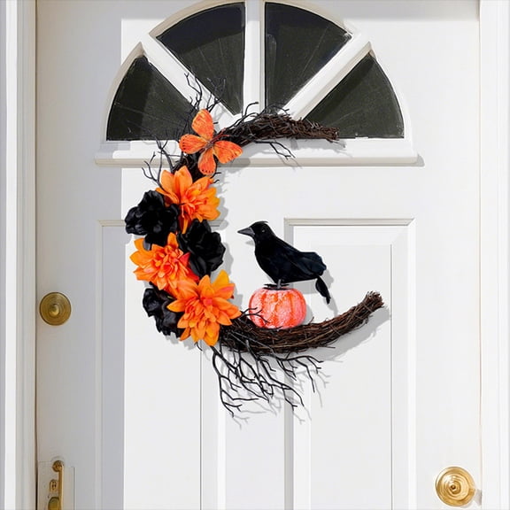 HmNPlay Halloween Cat Wreath with Black Roses - Large Rattan Door Hanging Decor for Front Door, Gothic Home Wall - Hand-Assembled Botanical Garland for Cat Lovers, Fall Festival Atmosphere