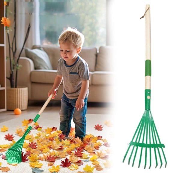 HmNPlay Kids Garden Rake 28 Inch Child Size Leaf Rake with Hardwood Handle Lightweight Outdoor Yard Tool for Children with Blue Head