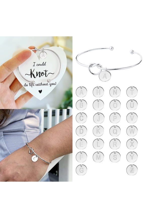 Love Knot Initial Bangle Bracelet Personalized Alphabet Disc Cuff Monogram Jewelry Gift for Women Wife Mom Valentine's Day Anniversary Birthday Adjustable