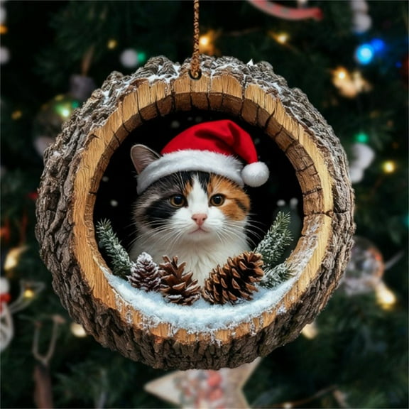 HmNPlay Orange Tabby Cat Christmas Ornament 2D Flat Acrylic Hanging Decoration for Xmas Tree, Lightweight Cute Kitty Holiday Home Decor Gift, 1 Pack