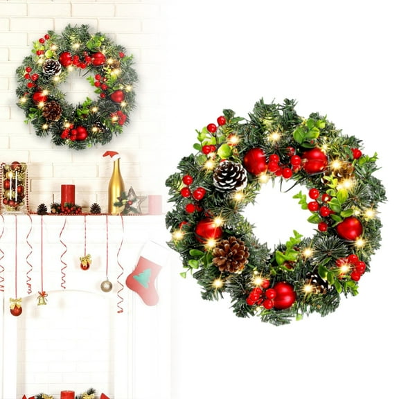 HmNPlay Pre-Lit 16in Christmas Wreath for Front Door 40CM with LED Lights, Red Berry Pinecone Bow, Indoor Outdoor Holiday Wall Window Decoration