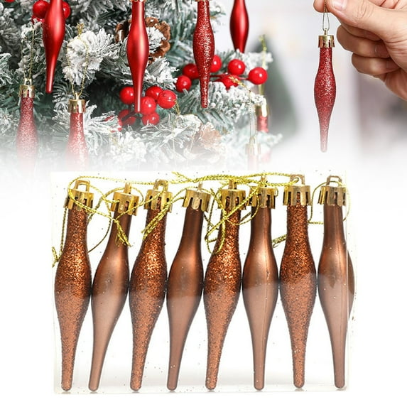 HmNPlay Red Retro Finial Christmas Ornaments 8-Pack, 3.54-Inch Glitter Plastic Shatterproof Droplet Hanging Decorations for Xmas Tree, Wreath, Holiday Decor, Gifts
