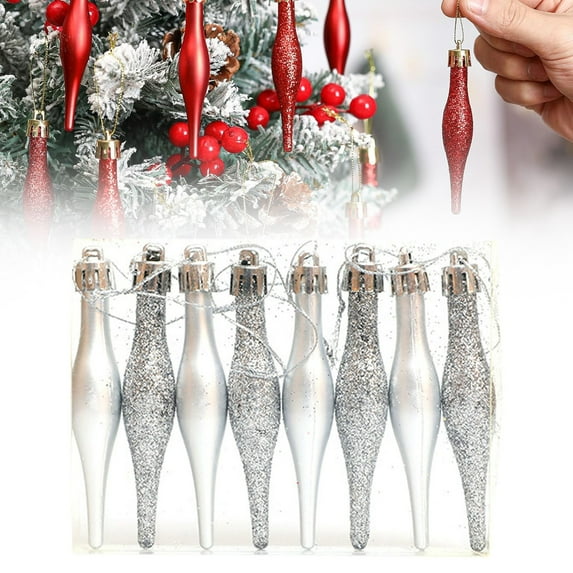 HmNPlay Red Retro Finial Christmas Ornaments 8-Pack, 3.54-Inch Glitter Plastic Shatterproof Droplet Hanging Decorations for Xmas Tree, Wreath, Holiday Decor, Gifts