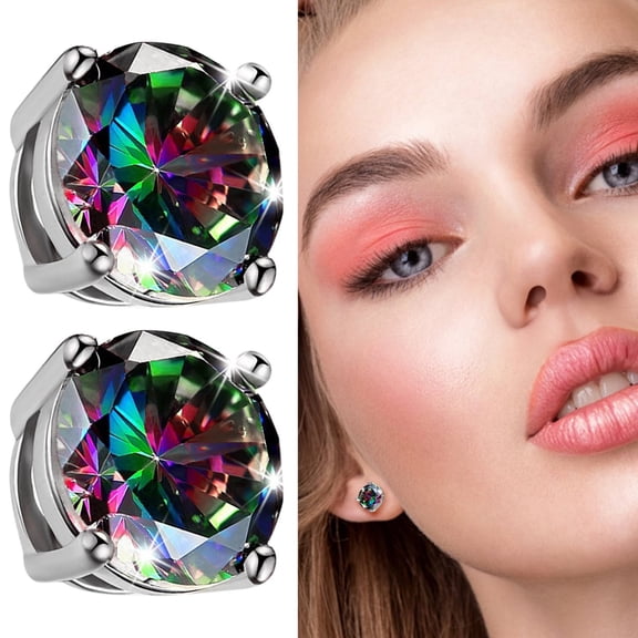 HmNPlay Round Silver Plated Stud Earrings Seven Color Gemstone Rainbow Crystal Fashion Jewelry Unisex Romantic Valentine's Day Gift for Men Women Party