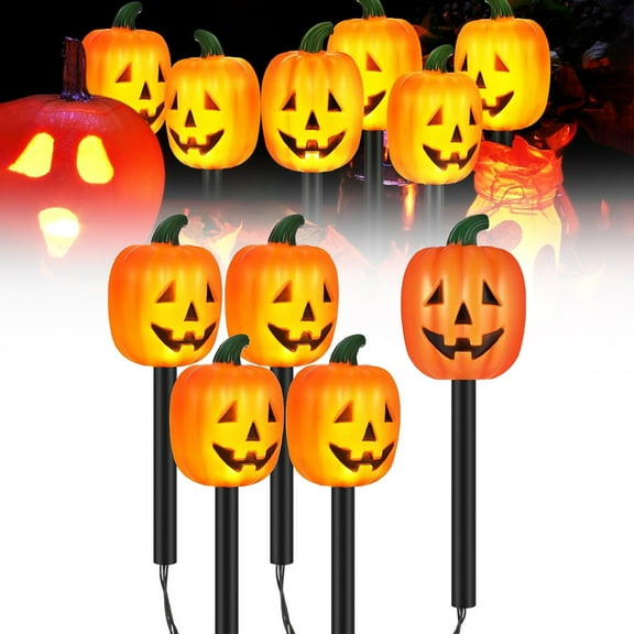 HmNPlay Set of 5 Orange Pumpkin Stake Lights Battery Operated LED Halloween Yard Lights with Battery Box Outdoor Waterproof Garden Pathway Jack O Lantern Stakes