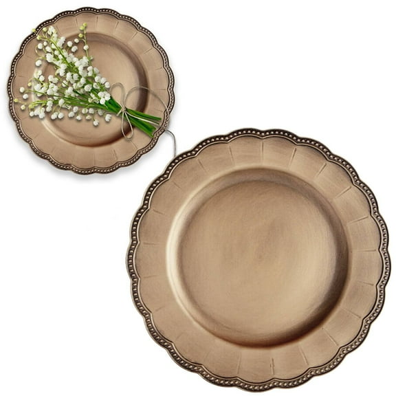 HmNPlay Vintage Acrylic Plastic Charger Plates Brushed Wavy Scalloped Rim Dinner Chargers for Wedding Reception Banquets Holiday Parties Formal Dining Events Table Setting Decor