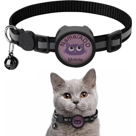 Hmaxing Reflective Cat Collar with Bell, Breakaway Cat Collar, Airtag Cat Collar with Air Tag Holder Can Write Name and Mobiel Number. (Black)