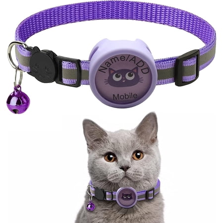 Hmaxing Reflective Cat Collar with Bell, Breakaway Cat Collar, Airtag Cat Collar with Air Tag Holder Can Write Name and Mobiel Number. (Purple)