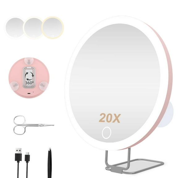 Hmggoofa 20x Magnifying Mirror with Light, Large 6" Rechargeable Lighted 20x Magnified Mirror with Suction Cups & Table Stand, 3 Color Modes Dimmable Light up