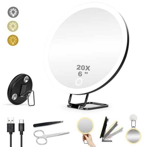 Hmggoofa 20x  Magnifying Mirror with Light, Large 6" Rechargeable Lighted 20x  Magnified Mirror with Suction Cups & Table Stand, 3 Color Modes Dimmable Light up