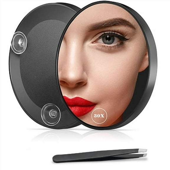Hmggoofa 4.5" Round Makeup Mirror with Tweezers, 30X Magnification, Black, Handheld & Suction Cup