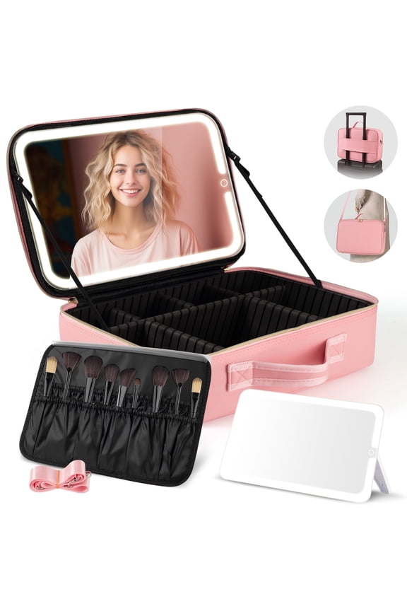 Pink Travel Makeup Bag with LED Light Mirror - Large Capacity and Adjustable Dividers, Perfect for Carrying Beauty Products While On the Go