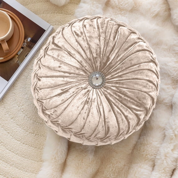 Hmgxay 14" Round Ice Flower Velvet Cushion, Decorative Sofa Pillow, Bedside Futon Pillow(Beige)