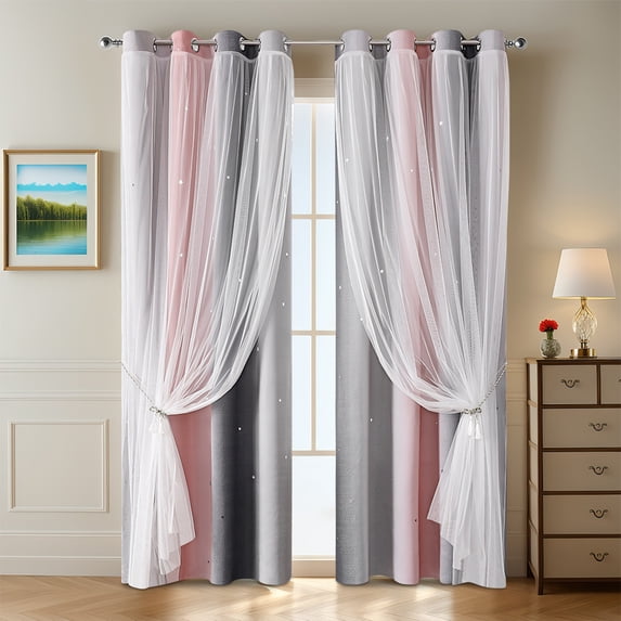 Hmgxay 1PC Gradient Striped Double-layer Shade Curtains, Dreamy Star Light Filtering Drapes, Multicolor Sheer Window Treatments, 40x52in