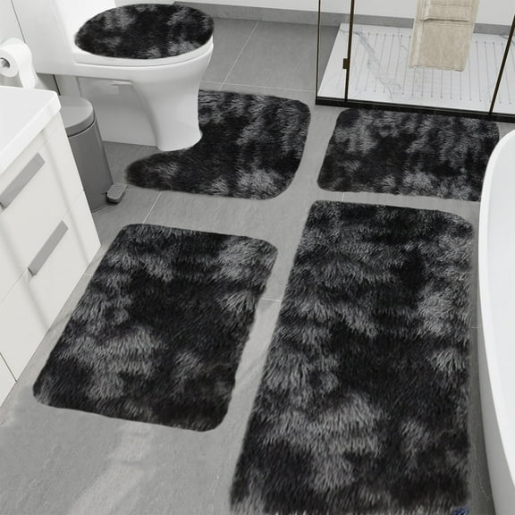 Hmgxay 5-Piece Bath Mat Set, Soft and Plush Bathroom Rugs with Non-Slip Backing, Water Absorbent Floor Mats, Machine Washable Shower Rugs for Home and Restroom(Black)