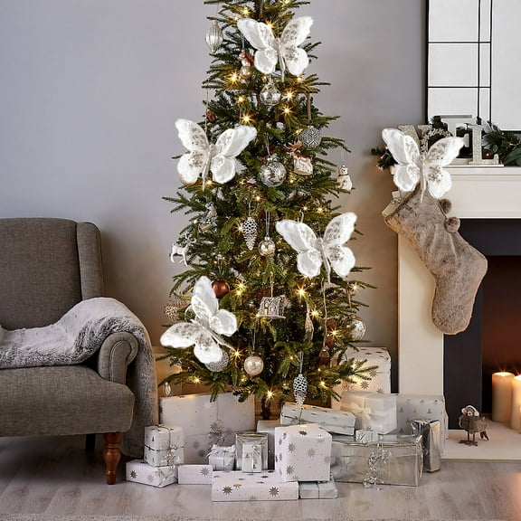 Hmgxay Artificial Christmas Butterflies, Glittering Xmas Tree Ornaments with Clips, Decorative Poinsettia Butterfly Picks, Festive Wedding and Party Decorations(White)