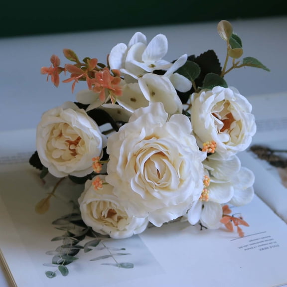 Hmgxay Artificial Silk Flowers Bouquet, Vibrant Peony Floral Arrangement for Wedding Decorations, Home Decor Faux Flower Arrangement for Centerpieces(White)