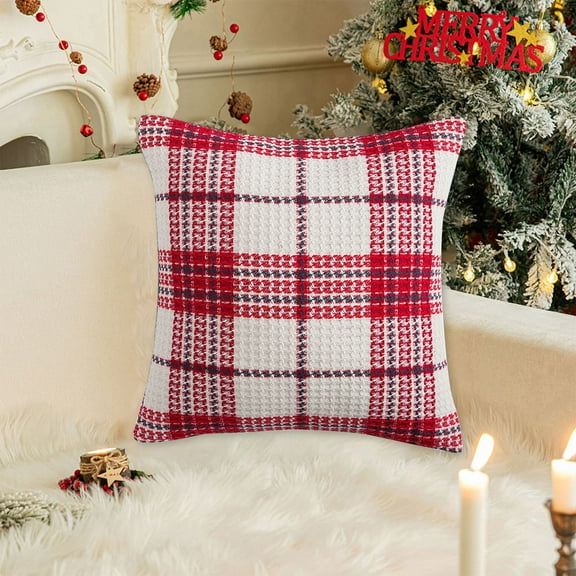 Hmgxay Christmas Throw Pillowcase, Festive Sofa Cushion Cover, Holiday Decorative Pillow Cover, Red & Green Plaid Christmas Pillow Sham(17.7x17.7 Inches)