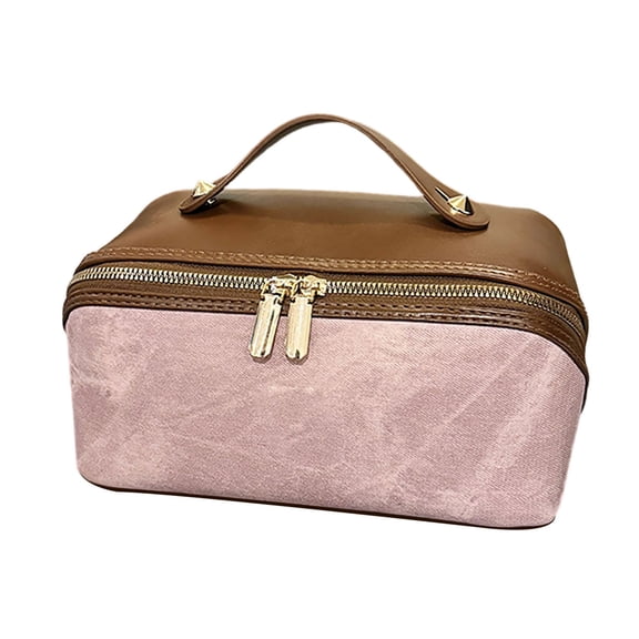 Hmgxay Cosmetic Bag, Fashion Color-Block Double-Zip Organizer for Makeup and Toiletries, Stylish Leather Pouch with Removable Divider, Travel-Size Cosmetic Case for Daily Use and Trips