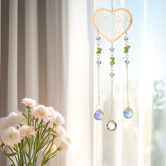 Hmgxay Crystal Wind Chime, Heart-Shaped Sun Catcher with Natural White and Pink Green Crystals, Decorative Outdoor Pendant with Multi-Tiered Design