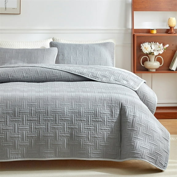 Hmgxay Double-Sided Washed Cotton Quilted Bed Cover 3 Pcs Set, Solid Color Comforter and Pillowcases Set, Breathable and Durable Bedding Collection for All Seasons
