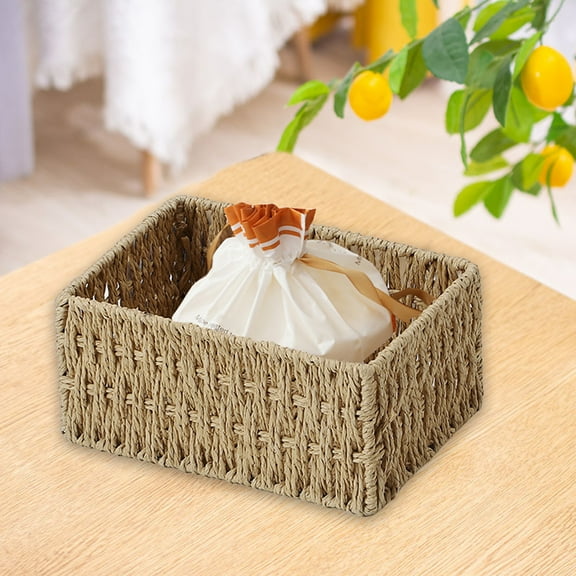 Hmgxay Imitation Straw Desktop Cosmetics Storage Box, Rattan Jewelry Organizer, Natural Storage Basket, Eco-Friendly Desktop Container