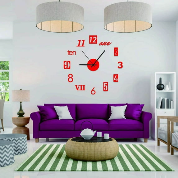 Hmgxay Large Wall Clock, DIY Acrylic Clock Sticker Set, Replacement Quartz Clock Kit, Modern Living Room Wall Decoration(Red)