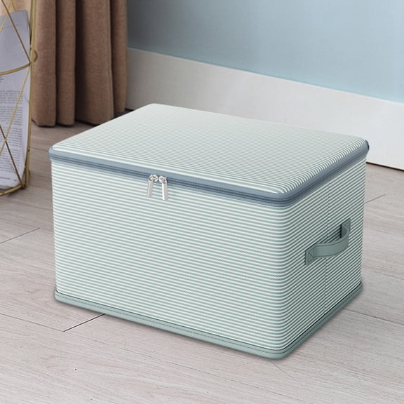 Hmgxay Non Woven Double Zip Storage Box, Foldable Clothing Organizer with Lid, Striped Wardrobe Storage Container, Collapsible Storage Bin for Home and Dormitory(Blue)