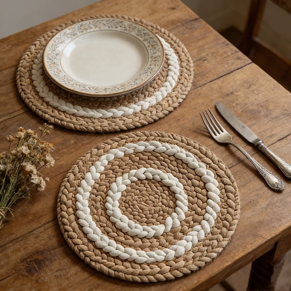 Hmgxay Set of 2 2D Printed Round Linen Placemats, Washable Dining Table Mats with Heat Resistance, Decorative Kitchen Table Protectors, Farmhouse Style Table Accessories