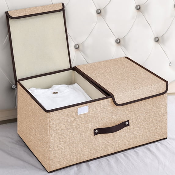 Hmgxay Storage Box, Foldable Linen Organizer with Double Lids, Rectangular Storage Bin with Removable Divider, Multi-Functional Clothes Basket for Home and Office(Beige)