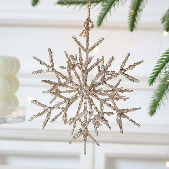 Hmgxay Wrought Iron Snowflake Ornament, Three-Dimensional Champagne Snowflake Decoration, Festive Tree Pendant, Elegant Holiday Decor(Beige)