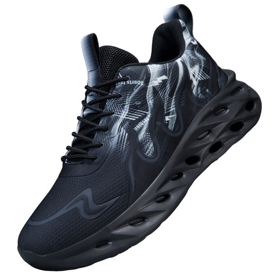 Hmhnsya Men Lightweight Breathable Mesh Running Shoes, Gradient Flame Print Hollow Shock Absorbing Blade Sole Casual Athletic Trainers for Workout Walking Sports