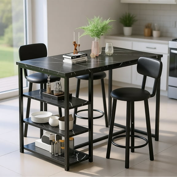 Cvortll Dining Table Set for 2, Counter Height Pub Table Set with 2 PU Leather Bar Stools and 3-Tier Shelves, Kitchen Island Set for Small Space Kitchen, Dining Room